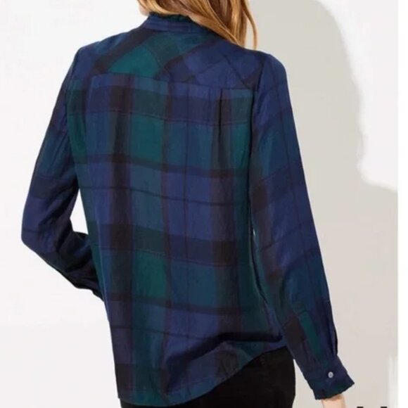 Loft Women Green Blue Plaid Tartan Ruffle Collar Long Sleeve Button Top L Petite - Picture 10 of 10